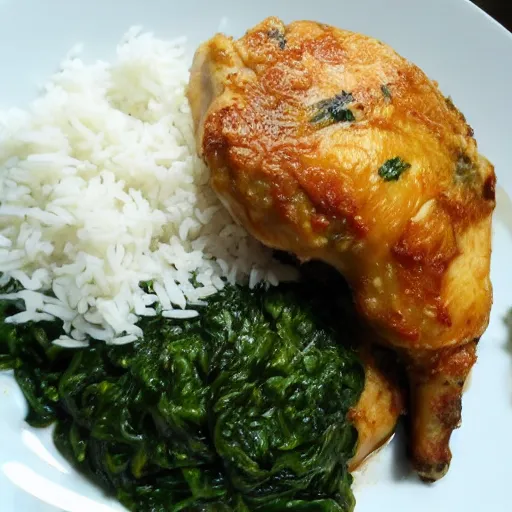 Prompt: spinach with rice and chicken, Michelin star, award winning