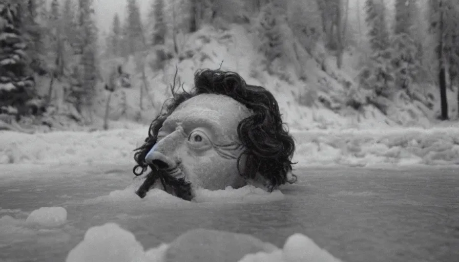 Image similar to 1 9 6 0 s movie still close up of marcus aurelius frozen to death in a river with gravel, pine forests, cinestill 8 0 0 t 3 5 mm b & w, high quality, heavy grain, high detail, texture, dramatic light, anamorphic, hyperrealistic, foggy