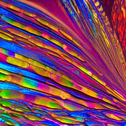 Image similar to gigapixel resolution abstract artwork made of hundreds of colorful transparent insect wings made of crytals, bismuth and other interesting rainbow coloured gems ornated copper or silver. color grading, super - resolution microscopy, spectral color, chroma, complimentary - colors, polychromatic - colors