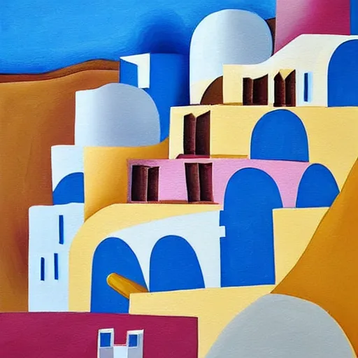 Prompt: cubism art print painting of Santorini, by Andre Baldet, trending on Saatchi Art, trending on Society6, high definition,
