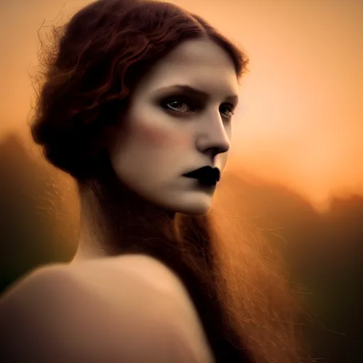 Prompt: photographic portrait of a stunningly beautiful gothic art nouveau secessionist movement female in soft dreamy light at sunset, contemporary fashion shoot, by edward robert hughes, annie leibovitz and steve mccurry, david lazar, jimmy nelsson, breathtaking, 8 k resolution, extremely detailed, beautiful, establishing shot, artistic, hyperrealistic, beautiful face, octane render