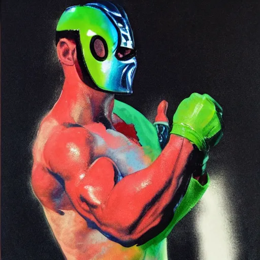 Image similar to photorealistic picture, by bob peak and alex ross, rey mysterio wwf debut, gouache and wash paints, fine details, fine intricate, fine facial proportionate, fine body proportionate, fine fix broken line, fine fix duplicate line, fine background proportionate, smooth focus, sharp details, bokeh, 4 k, fine 5 k details