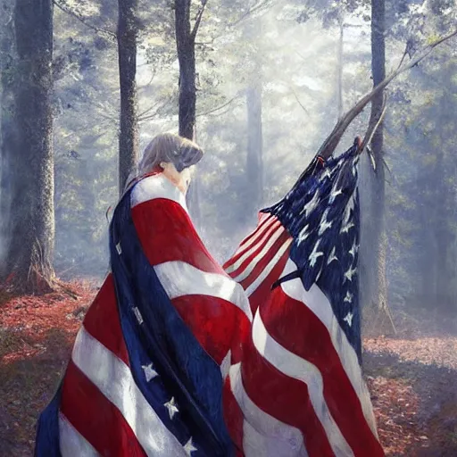 Image similar to american flag lapel pin in the woods, digital art by ruan jia and mandy jurgens and artgerm, realistic face, highly detailed, trending on artstation, award winning