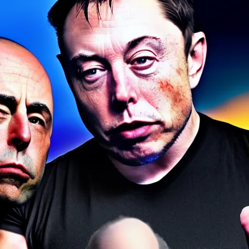 Image similar to joe rogan and elon musk trippy, real life, 8 k, 4 k uhd, realistic, hyper realistic, super detailed, very detailed, detailed