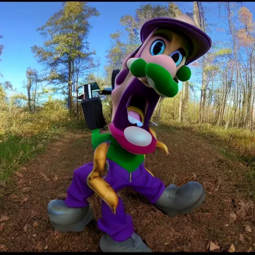 Prompt: Waluigi found footage trail cam