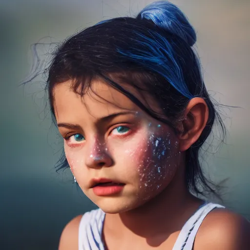 Prompt: a little blue-skinned girl with messy black hair sharp pointed ears freckles along the ridges of her cheeks, dnd triton, high resolution film still, 4k, HDR colors