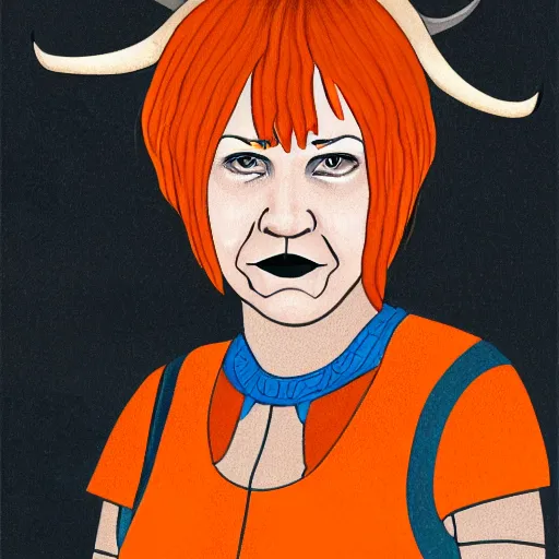 Image similar to illustrated portrait of ugly ram-horned woman with orange skin and a blue hair bob wearing leather armor