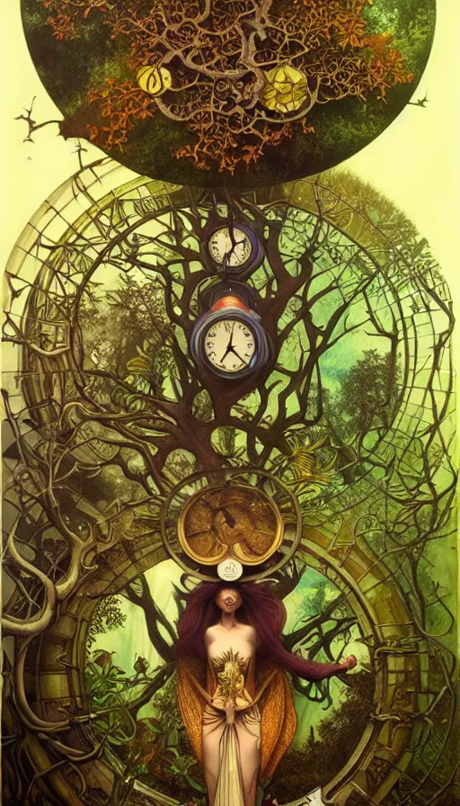 Prompt: M. C. Escher time machine, lush forest painted by tom bagshaw, mobius, mucha M. C. Escher, gold paint, ink, gnarly details