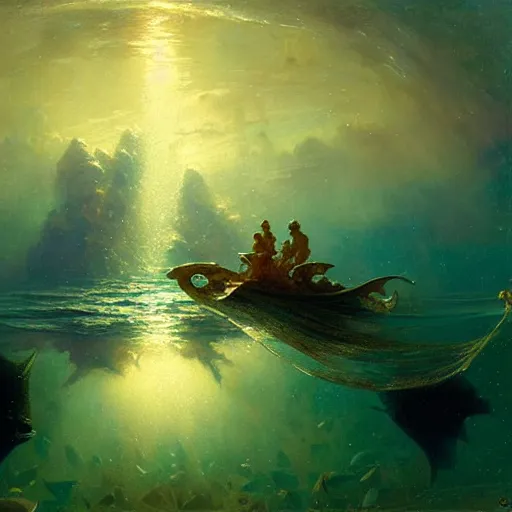 Image similar to point of view of deep in the ocean looking up, you see fishes, higher up you see very clearly the milk way illuminating the sea down bellow, night time. highly detailed painting by gaston bussiere, greg rutkowski 8 k