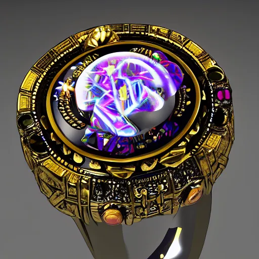 Image similar to complex golden ring with cameo and gems of a torso with a cyberpunk style, 8k, details, studio lighting, realism