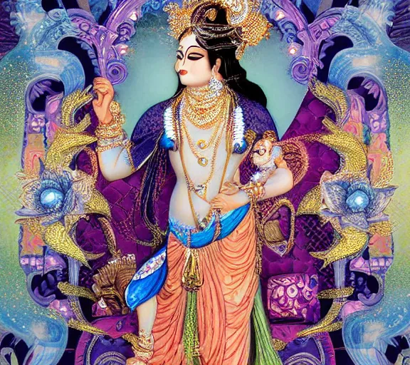 Image similar to breathtaking detailed concept art painting art deco pattern a beautiful krishna with blue skin on sitted on an intricate metal throne, hands pressed together in bow, light - blue flowers with kind piercing eyes and blend of flowers and birds, by hsiao - ron cheng and john james audubon, bizarre compositions, exquisite detail, extremely moody lighting, 8 k h 1 0 2 4