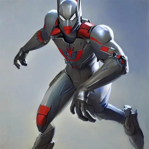 Image similar to greg manchess portrait painting of armored spiderman ultraman grey fox from metal gear cyborg japanese - american hybrid as overwatch character, medium shot, asymmetrical, profile picture, organic painting, sunny day, matte painting, bold shapes, hard edges, street art, trending on artstation, by huang guangjian and ail elvgren and sachin teng