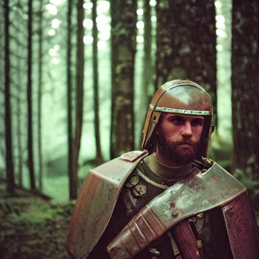 Image similar to close up kodak portra 4 0 0 photograph of a roman legimeer after the battle standing in dark forest, moody lighting, telephoto, 9 0 s vibe, blurry background, vaporwave colors, faded