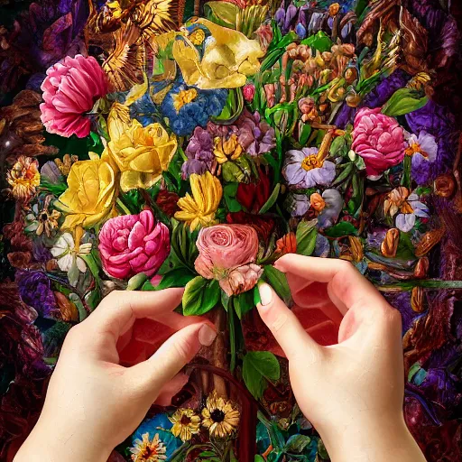 Prompt: photorealistic beautiful hands holding a big elaborate maximalist flower. mixed media 3d and oil painting in the style of Michelangelo and Banksy with flemish baroque details. hyperdetailed vivid textures HD 8x matte background