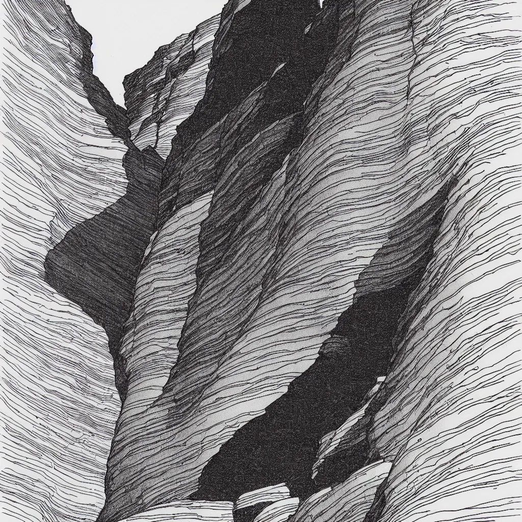 Image similar to slot canyons by moebius, minimalist ink drawing with long lines