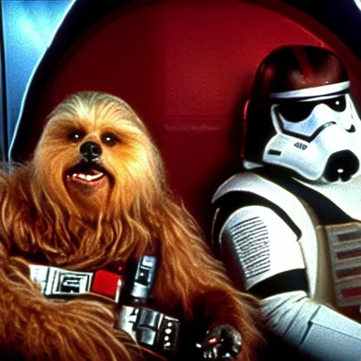 Image similar to John Candy in a dog suit dressed as Barf from Spaceballs sits next to Han Solo in the Millenium Falcon, movie still ftom Star Wars (1977)