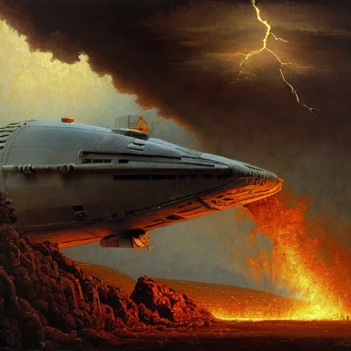 Image similar to a roman spaceship, stuck in the ground, the spaceship is on fire, smoke, rainstorm, lightning, angry, kinetic, adolphe bouguereaum, norman rockwell, trending on artstation, highly detailed oil painting,