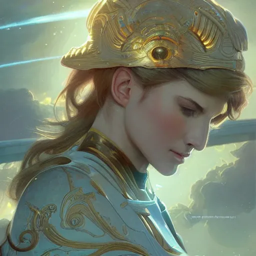 Image similar to ultra realistic illustration, beautiful female starship captain on the bridge, intricate, elegant, highly detailed, digital painting, artstation, concept art, smooth, sharp focus, illustration, art by artgerm and greg rutkowski and alphonse mucha