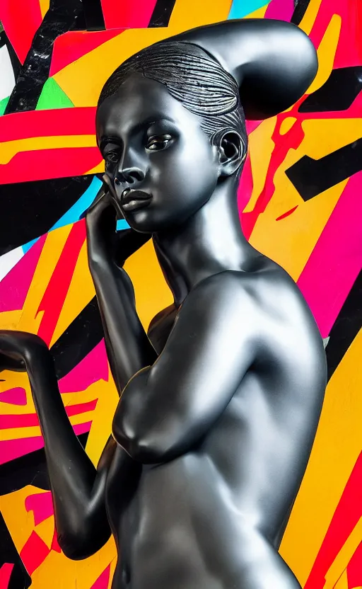 Image similar to extremely beautiful female black marble statue in the style of virgil abloh, colorful motocross logos behind her, sharp focus, clear, detailed,, cinematic, detailed, off white, glamourous, symmetrical, vogue, editorial, fashion, magazine shoot, glossy