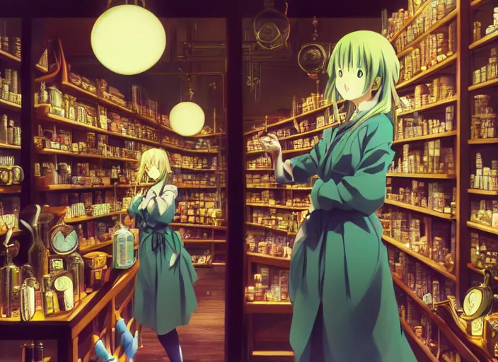 Image similar to lomography, anime, portrait of a young woman in a alchemist's potion shop interior shopping, glowing, haruhiko mikimoto, hisashi eguchi, lodoss, dynamic pose and perspective, dramatic lighting, detailed facial features, rounded eyes, sharpened image, yoshinari yoh