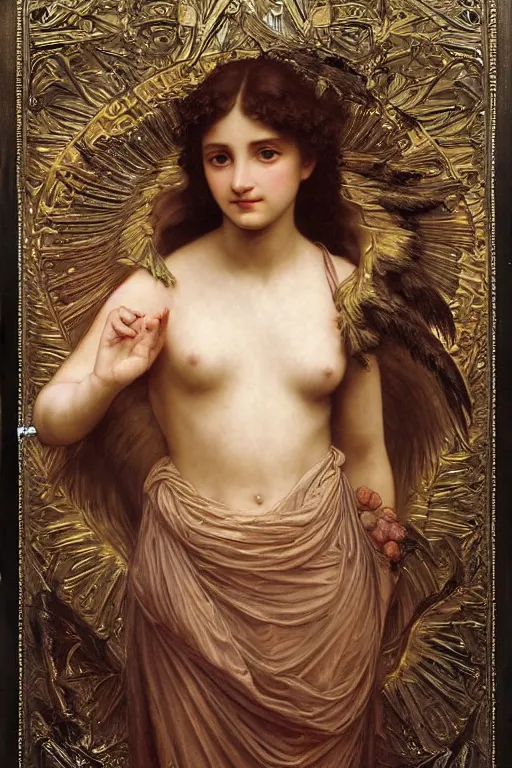 Image similar to hyperrealist highly detailed english medieval portrait of high fashion archangel wrapped in ferrofluid liquid, Art by William Adolphe Bouguereau,, Art by William Adolphe Bouguereau,, by Annie Swynnerton and Tino Rodriguez and Maxfield Parrish, elaborately costumed, rich color, dramatic cinematic lighting, extremely detailed, radiating atomic neon corals, concept art pascal blanche dramatic studio lighting 8k wide angle shallow depth of field, Art by William Adolphe Bouguereau, extreme detailed and hyperrealistic