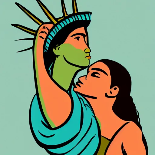 Prompt: lady liberty making out with alexandria ocasio - cortez at a bar, digital art, 8 k
