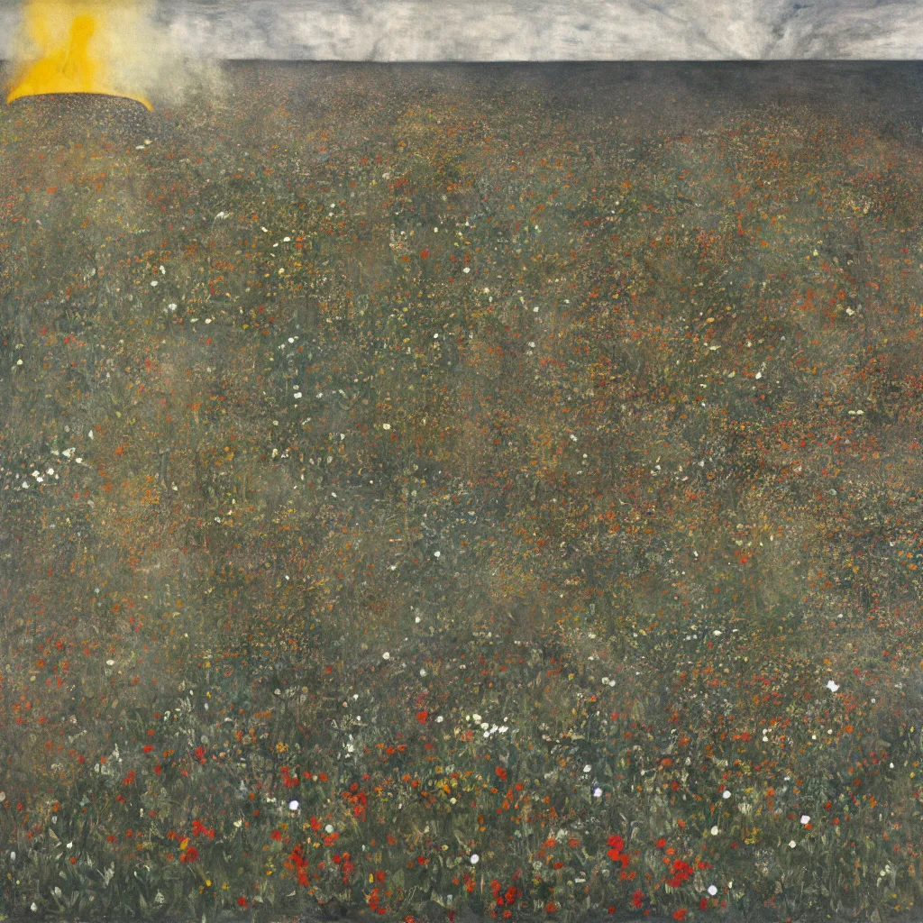 Prompt: wreckage of a crashed spaceship in a field of wildflowers, fire and smoke, moody lighting, low angle, wide angle, close-up, by Hilma af Klint and Kazimir Malevich