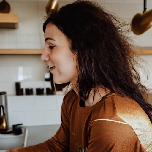 Image similar to a candid portrait of a brunette female, young, athletic, australian, pixellated face, wearing a gold tshirt in a kitchen, closeup