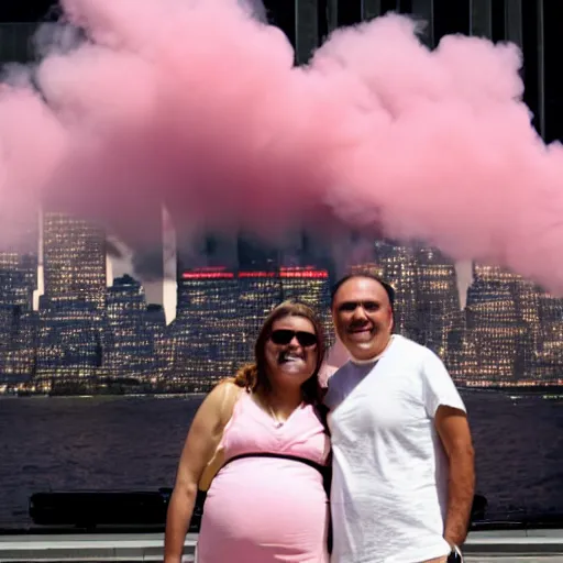 Image similar to a close up of a smiling couple of parents to be, in front of 9 / 1 1 with pink smoke