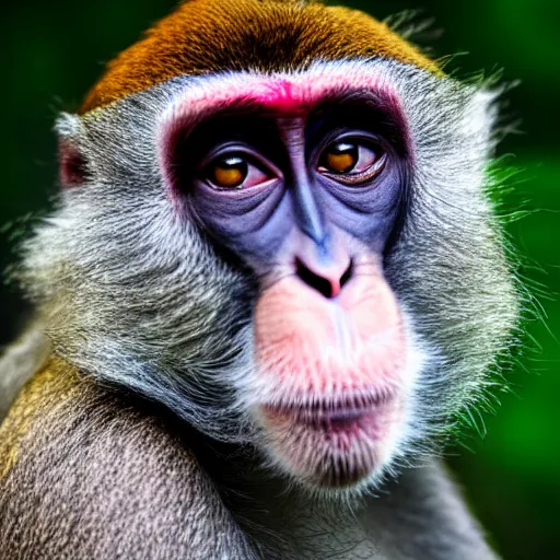 Image similar to portrait of a macaque wearing a black headband, in the style of piccaso