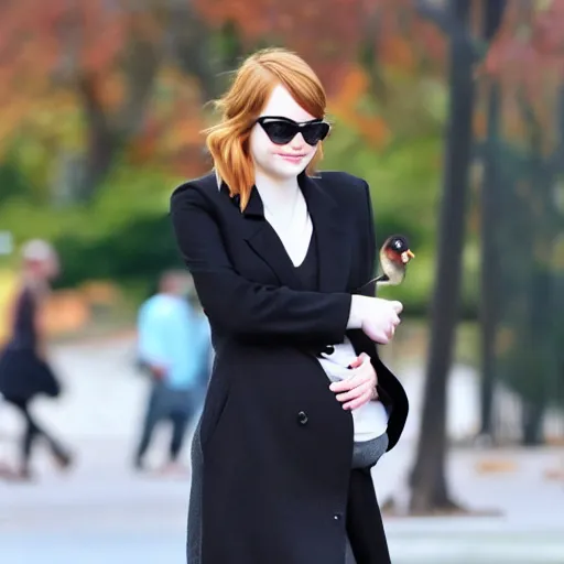 Image similar to emma stone is pregnant, standing in the park feeding ducks avacados