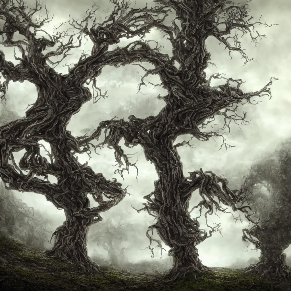 Prompt: evil ancient tree with skeleton in base, on a hill, a detailed matte painting, fantasy, foggy