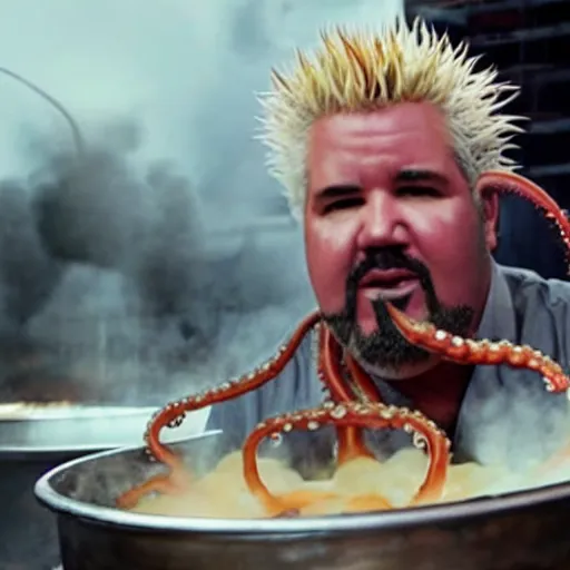 Prompt: guy fieri, turning into an eldritch horror with tentacles, sitting in a giant pan filled with boiling oil, film still from the movie directed by denis villeneuve with art direction by salvador dali