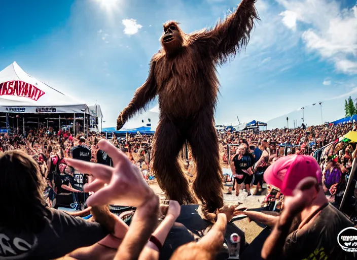 Image similar to photo still of sasquatch on stage at vans warped tour!!!!!!!! at age 4 8 years old 4 8 years of age!!!!!!! throwing rocks and berries at the crowd, 8 k, 8 5 mm f 1. 8, studio lighting, rim light, right side key light