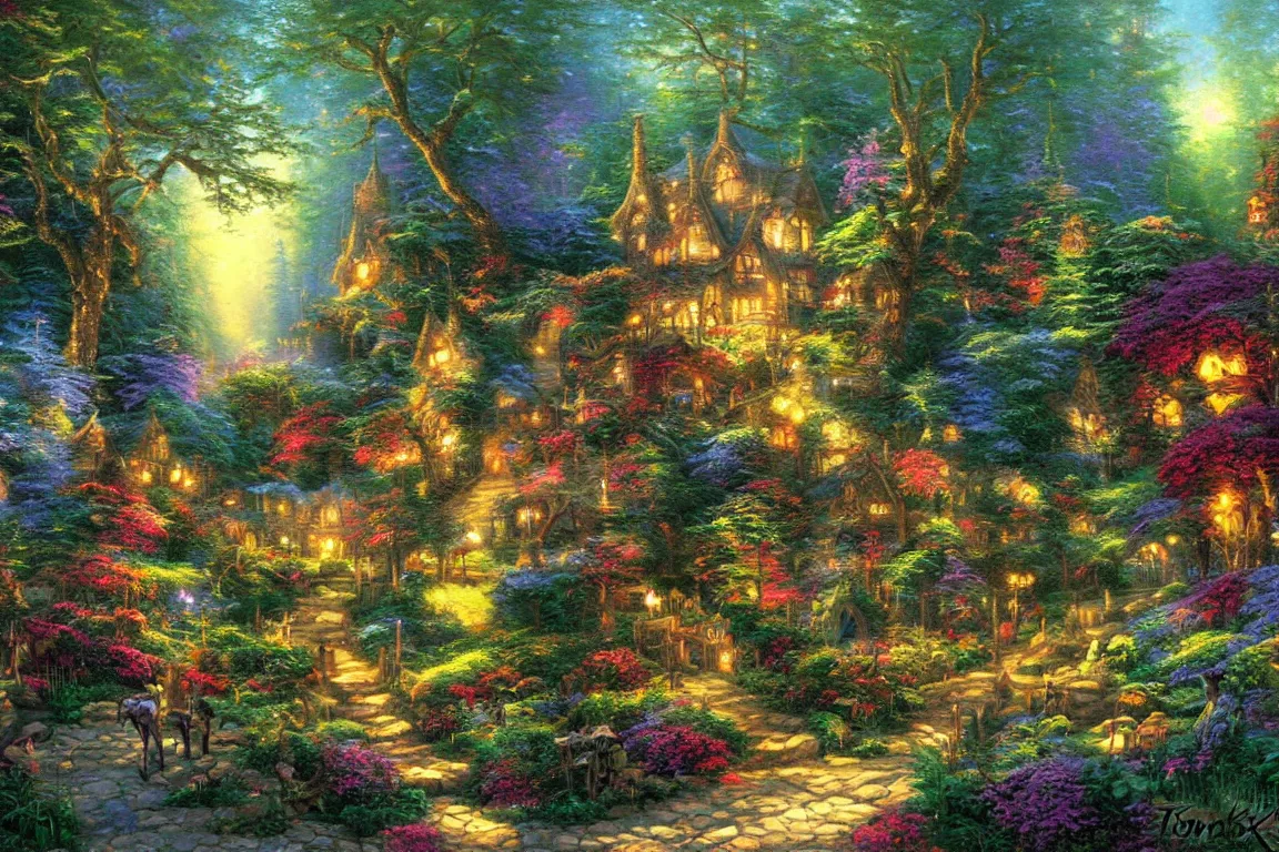 Prompt: fairy tale forest painted by Thomas Kinkade