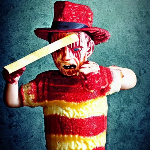 Image similar to freddy kruger as a child's ice cream pop, realistic photography, high detailed