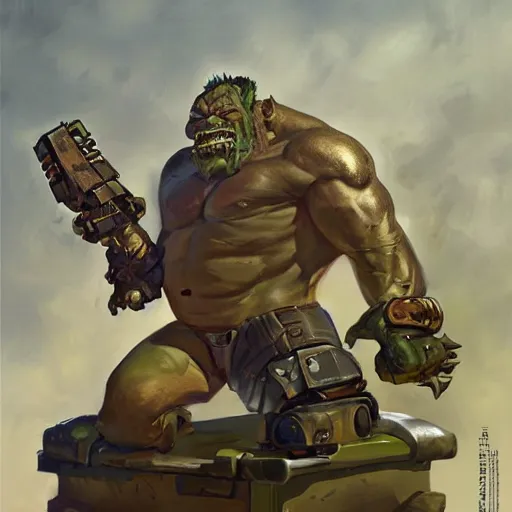 Image similar to greg manchess digital painting of a ruggedly handsome old dieselpunk orc an overwatch character with olive green skin sitting at a desk, organic painting, matte painting, bold shapes, hard edges, street art, trending on artstation, by huang guangjian and gil elvgren and sachin teng