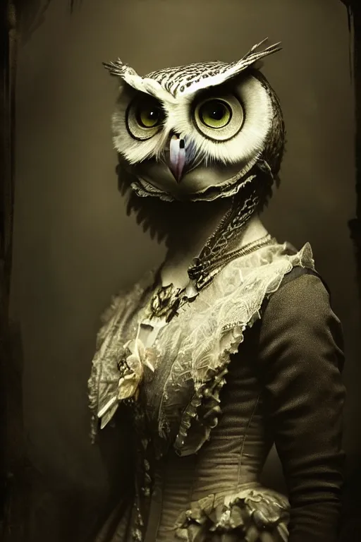 Image similar to wet plate photograph of an anthropomorphic owl dressed in a victorian - era ballgown, dramatic lighting, highly detailed, digital painting, artstation, concept art, smooth, sharp focus, illustration, art by wlop, mars ravelo and greg rutkowski