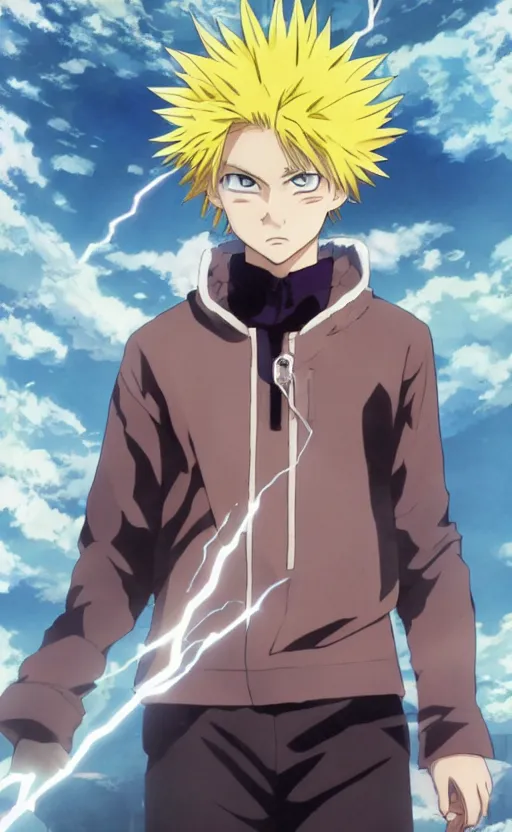 Prompt: Anime key visual of a young boy with spikey yellow hair and lightning powers, Illustrated by Kohei Horikoshi, high quality face, detailed eyes, big eyes, official media, 8k, anime, detailed, HD