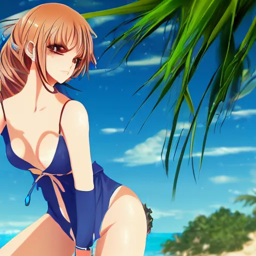 Image similar to sultry anime girl at the beach, key anime visual, portrait, pixiv