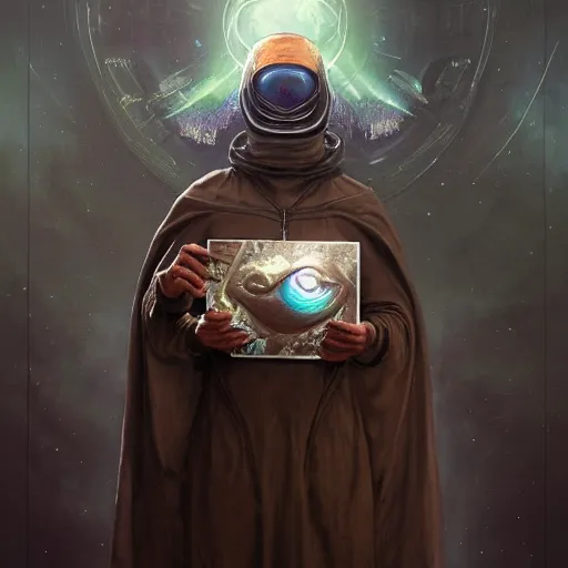 Image similar to masked nomad male wearing a cloak on an alien world and holding a holographic planet projection in his hand, detailed, sci - fi, digital painting, artstation, sharp focus, illustration, ominous, artgerm, tomasz alen kopera, peter mohrbacher, donato giancola, joseph christian leyendecker, wlop, frank frazetta