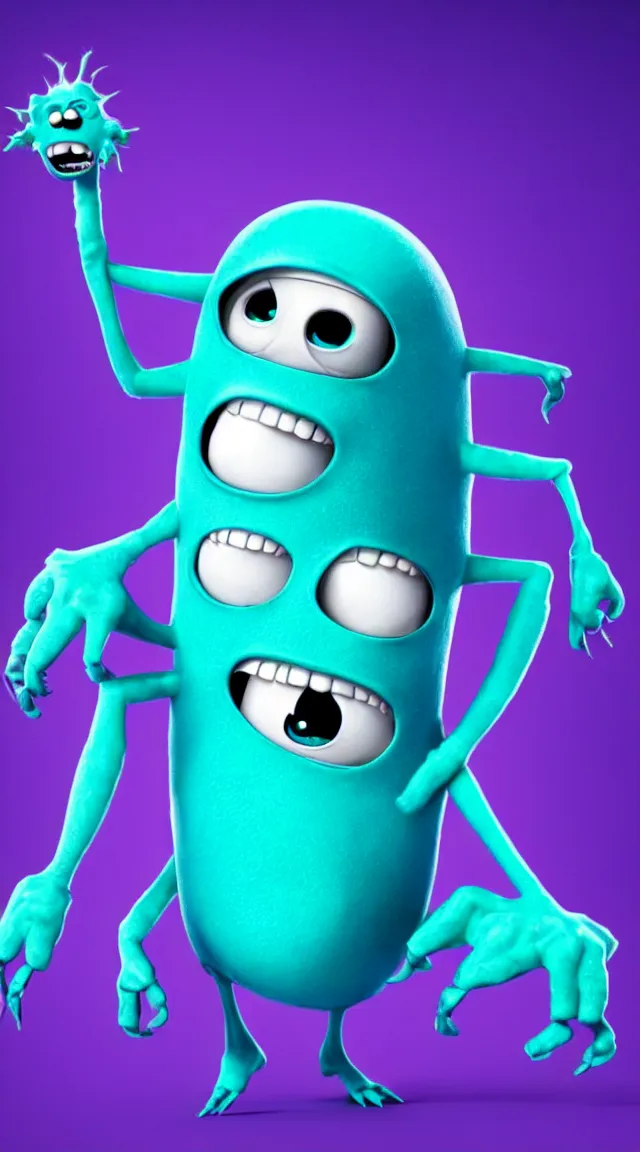 Image similar to a full studio shot of a virus as a pixar character against a dark cyan backdrop. it is cute, evil and adorable.