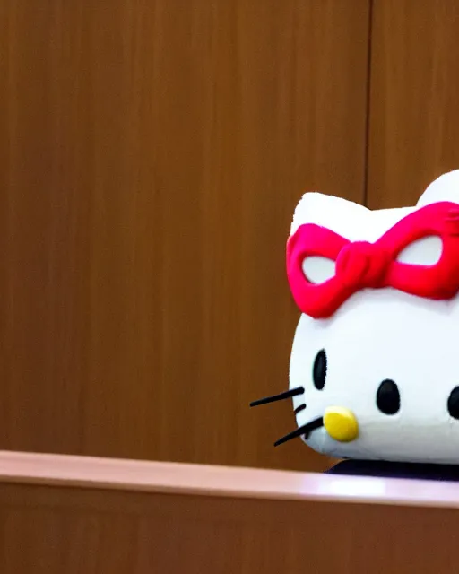 Prompt: Angry Hello Kitty, in a courtroom