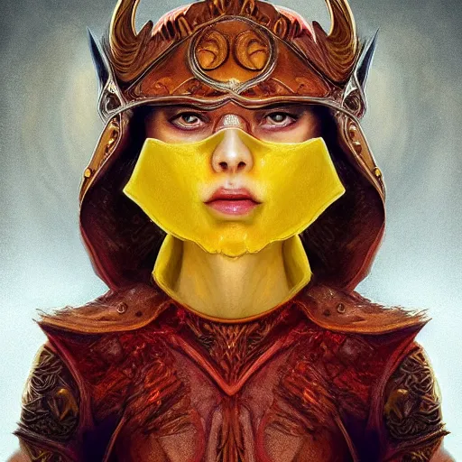 Prompt: portrait of a young beautiful hot dog, extra mustard and ketchup, luscious with sesame seeds, armor, D&D, fantasy, intricate, eldritch, Viking, elegant, highly detailed, digital painting, sweaty, artstation, concept art, matte, sharp focus, illustration, art by Anna dittmann
