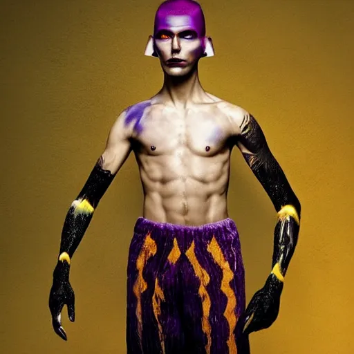 Image similar to a beautiful young athletic moroccan male characterized as an alien with yellow and purple ombre skin, the alien has tattoos, photographed by erwin olaf for a dune movie