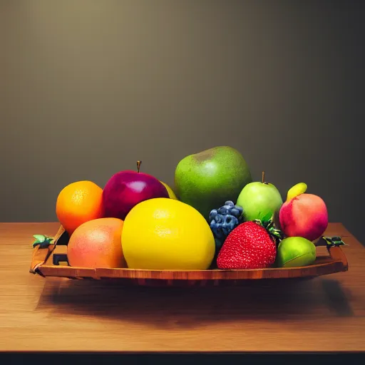 Prompt: a fruit basket on top of a kitchen table, volumetric lighting