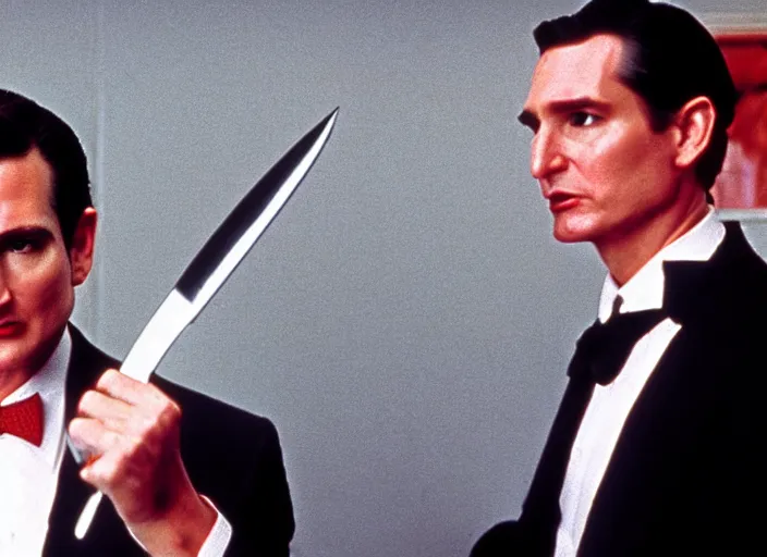 Prompt: film still of ted cruz as patrick bateman wearing a bloody poncho holding a knife in american psycho