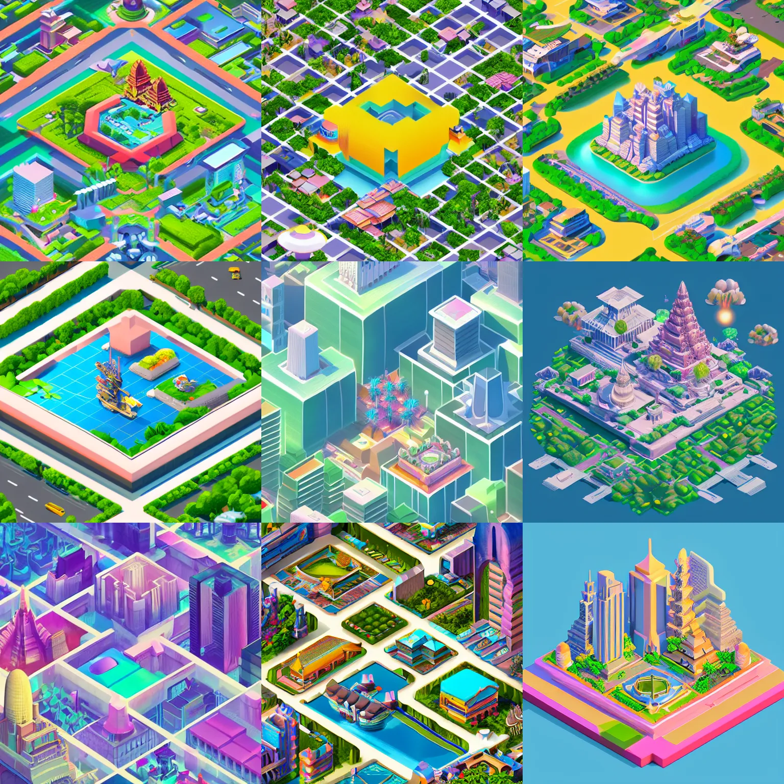 Prompt: isometric webdesign icon for paradise blossoming city of thailand, 3d render, by Artgerm, tooth wu, dan mumford, beeple, wlop, rossdraws, James Jean, Andrei Riabovitchev, Marc Simonetti, yoshitaka Amano, Artstation