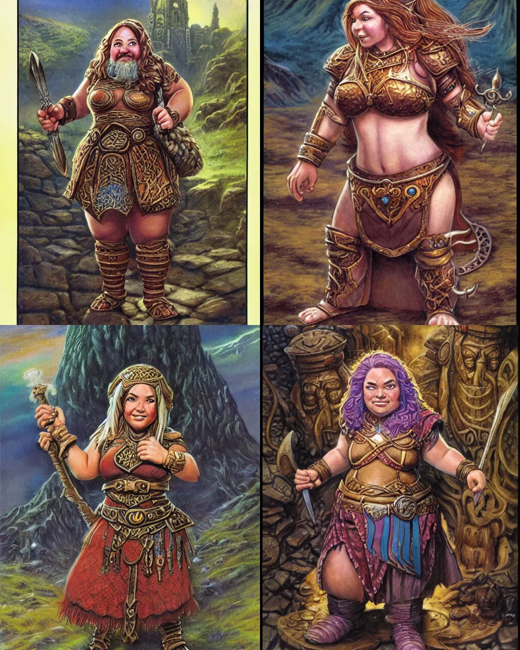 Prompt: female dwarven scholar, chubby short stature, elaborate hair, by jeff easley