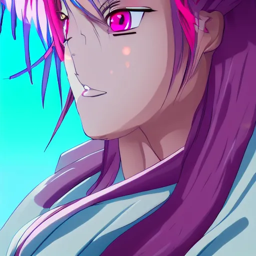 Image similar to stunningly beautiful gigantic omnipotent anime goddess with pink hair and mesmerizing cyan eyes, viewed from below, 8 k